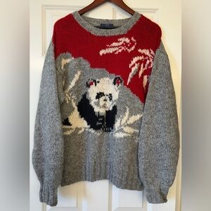 Woolrich Gray Red Panda Intarsia Wool Sweater